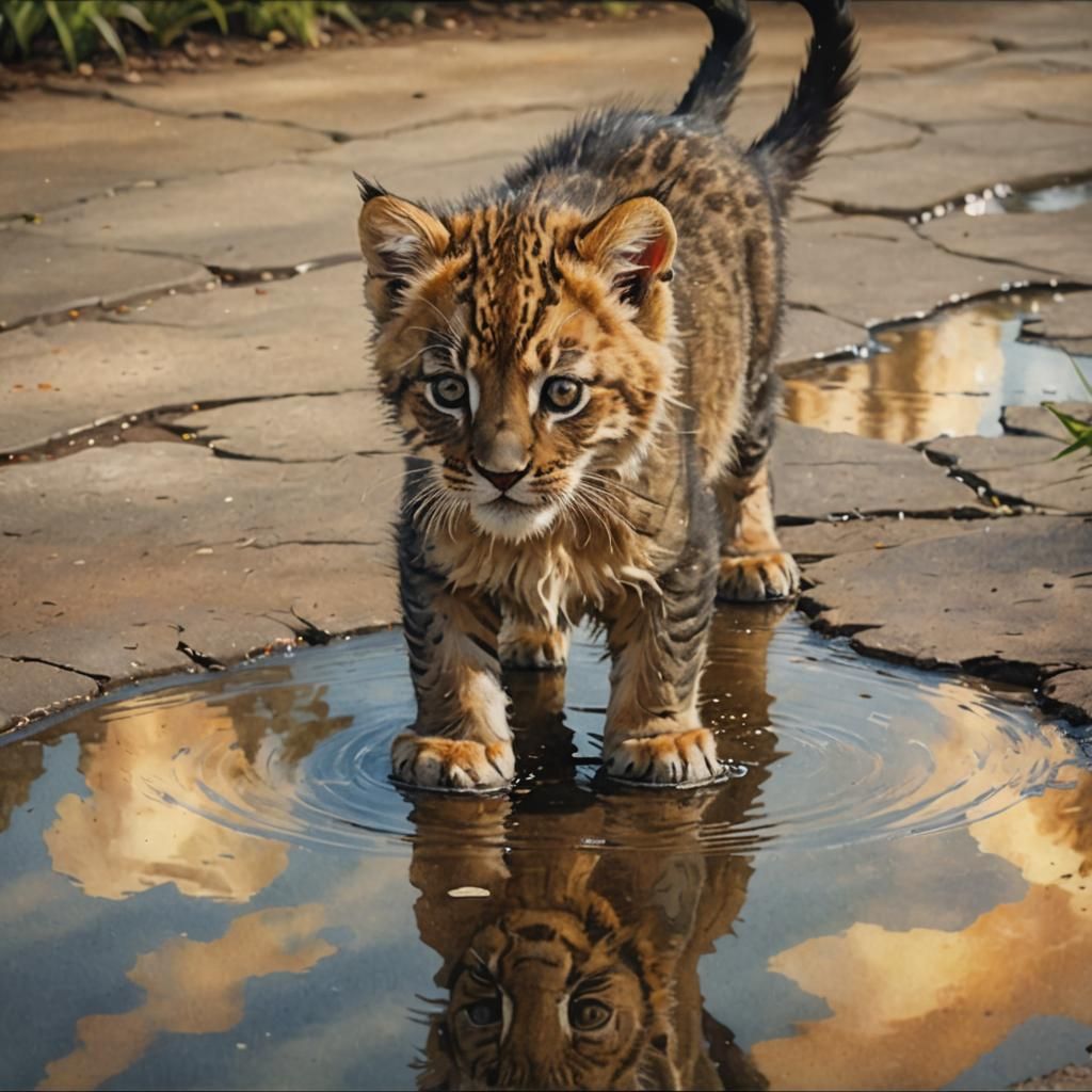 Kitten and Lion Sharing a Tail: Watercolor Concept Art