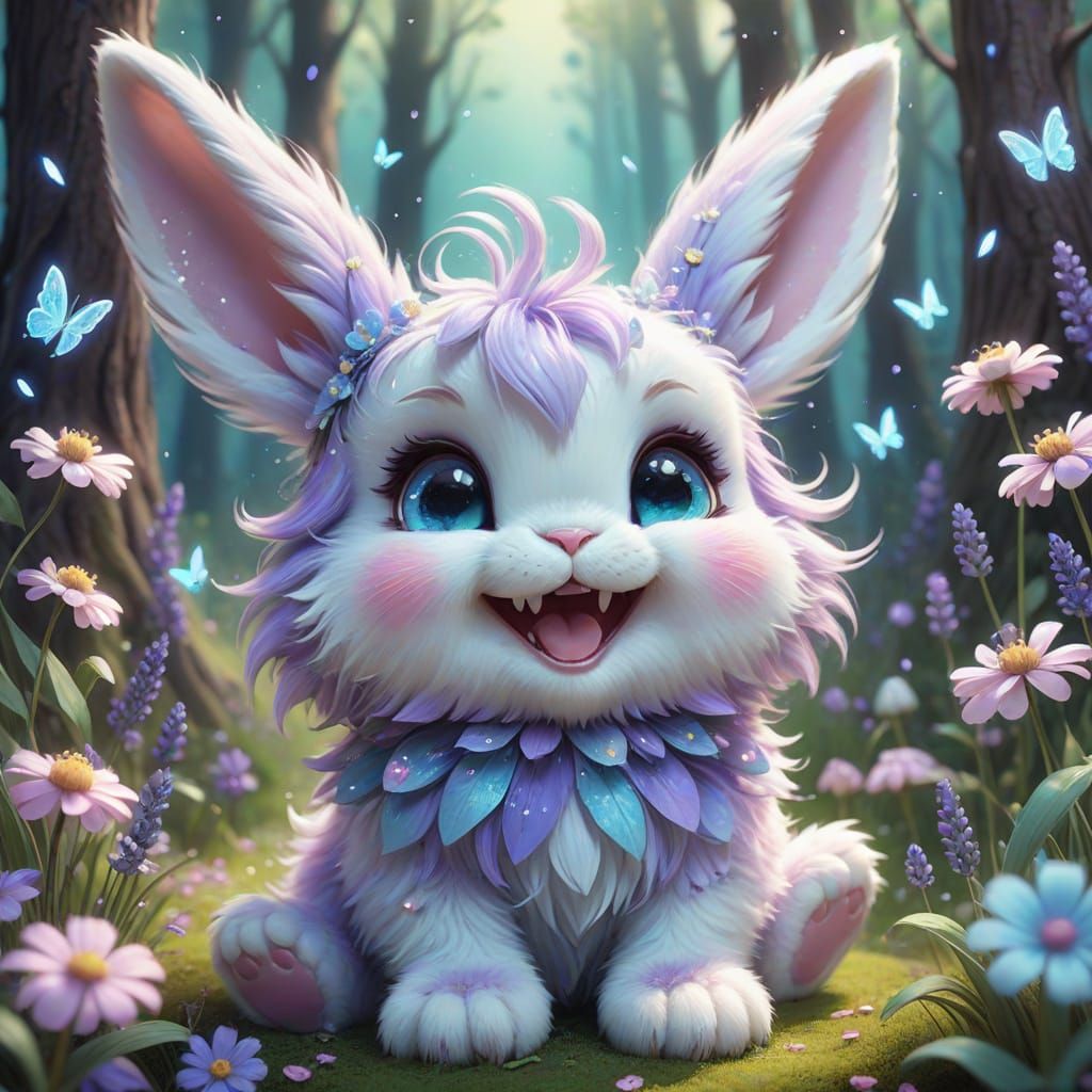 Laughing Fairy Bunny in Enchanted Forest: Kawaii Fantasy