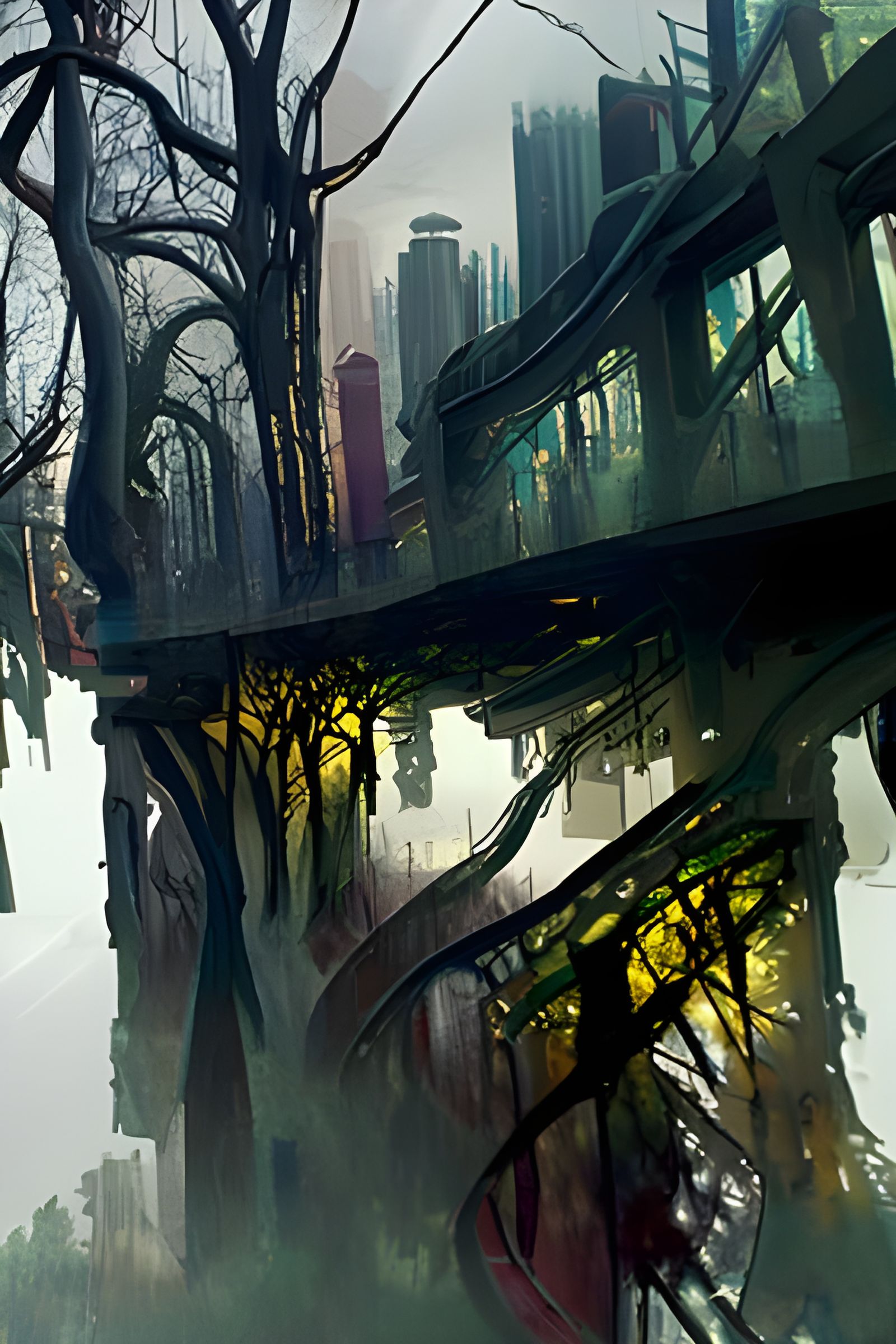 City and Woods: A Cyberpunk Horror Landscape