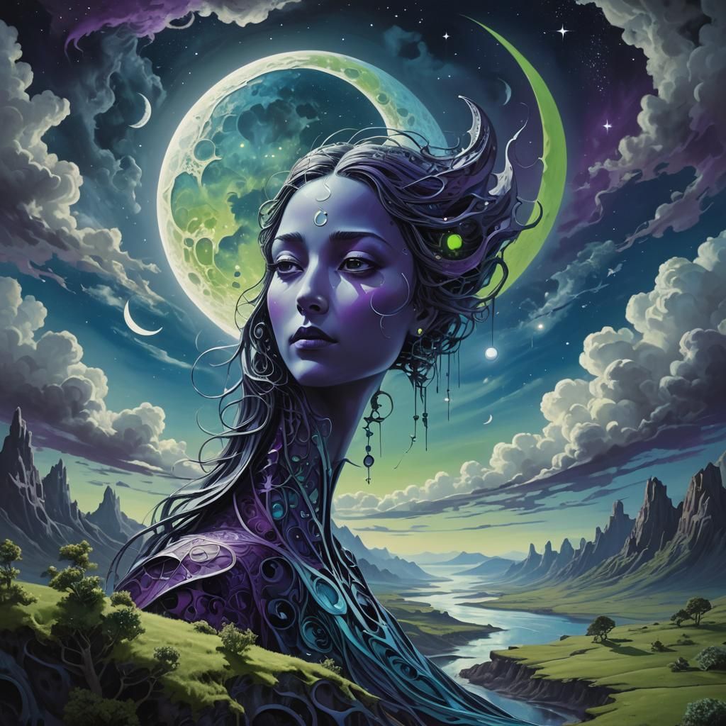 Surreal Distorted Figure Merged with Moon in Dreamscape