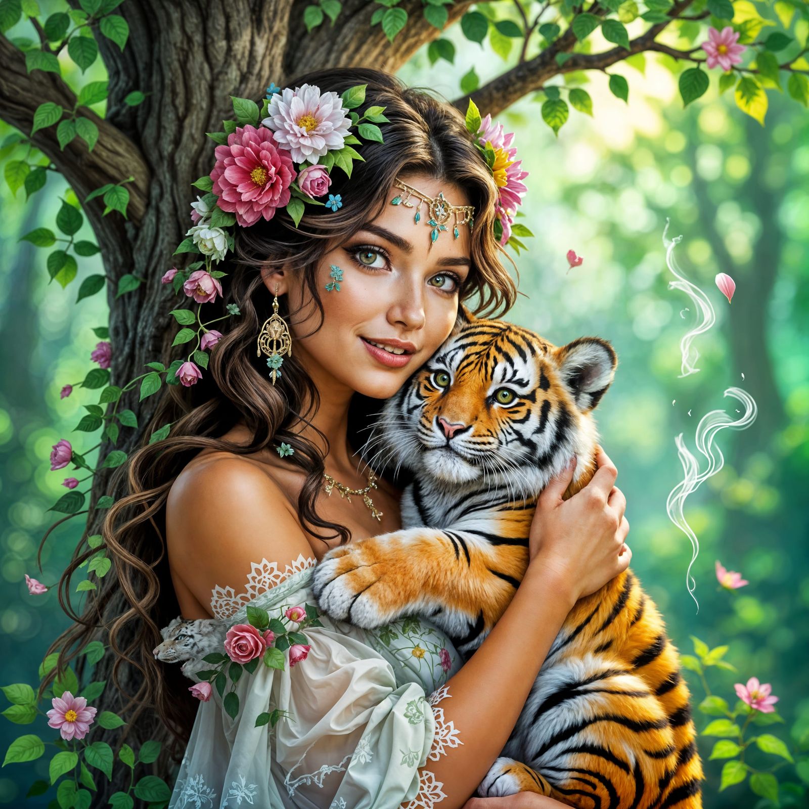 Woman with Saber-Toothed Tiger in Mystical Forest