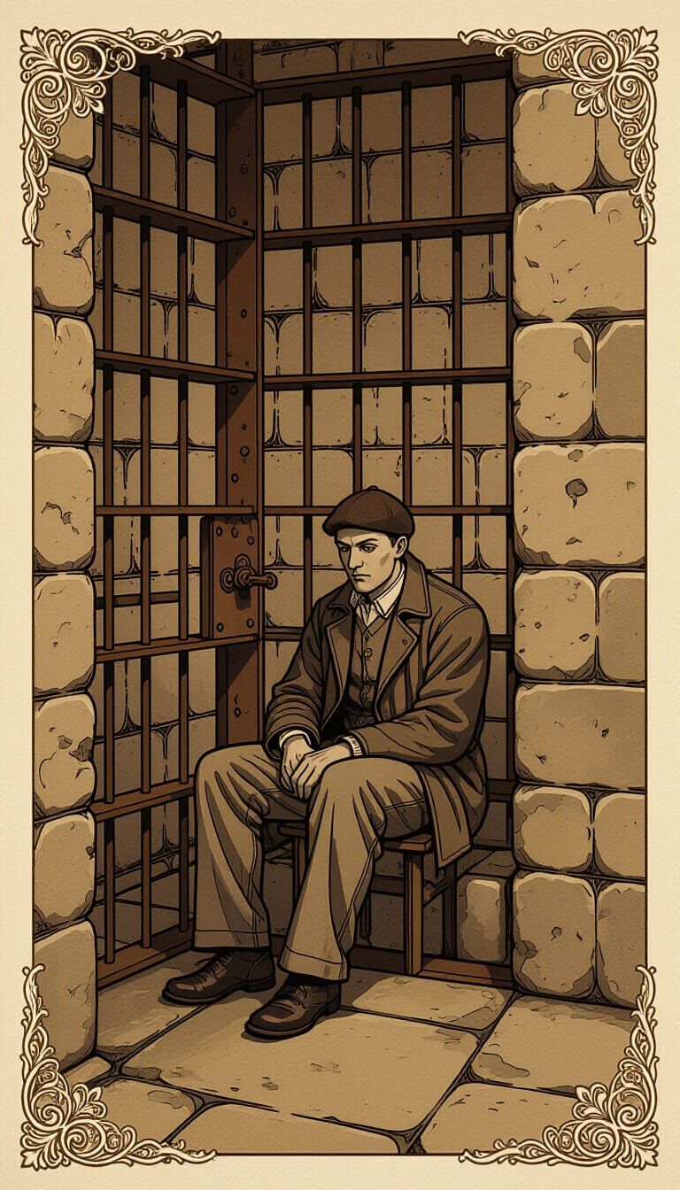 Jin in Vintage Jail Cell, Sepia Sketch Style