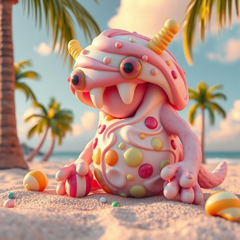 Candy Monster on Tropical Beach in Retro-Futuristic Style
