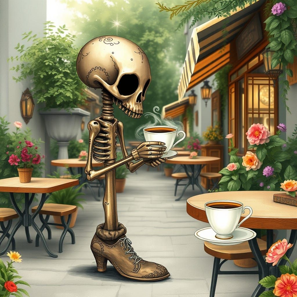 Whimsical Skeleton Key Sips Coffee at Quaint Outdoor Cafe