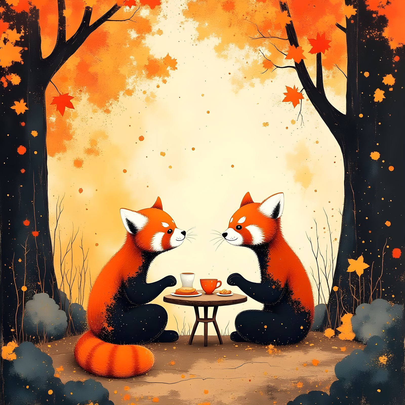 Red Pandas Enjoy Tea Party in Autumn Forest