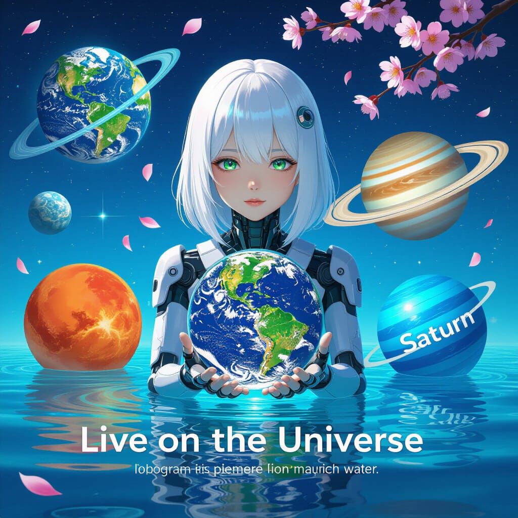 Cyborg Girl with Planetary Orb in Green Water