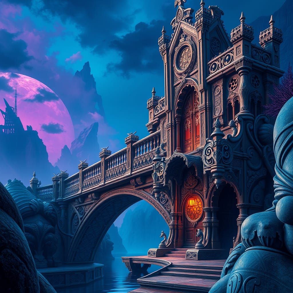Fantastical Bridge with Ornate Textures in Dreamlike Colors