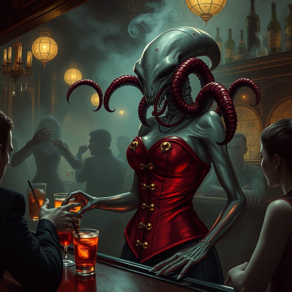 Alien Bartender Serving Cocktails in Dimly Lit Bar