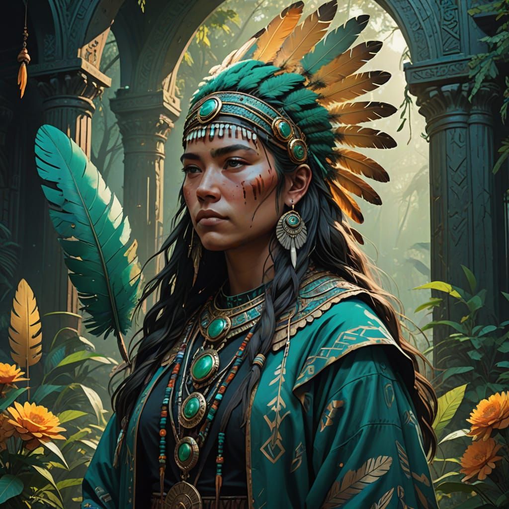 Native American Tribespeople in Grand Mesoamerican Temple