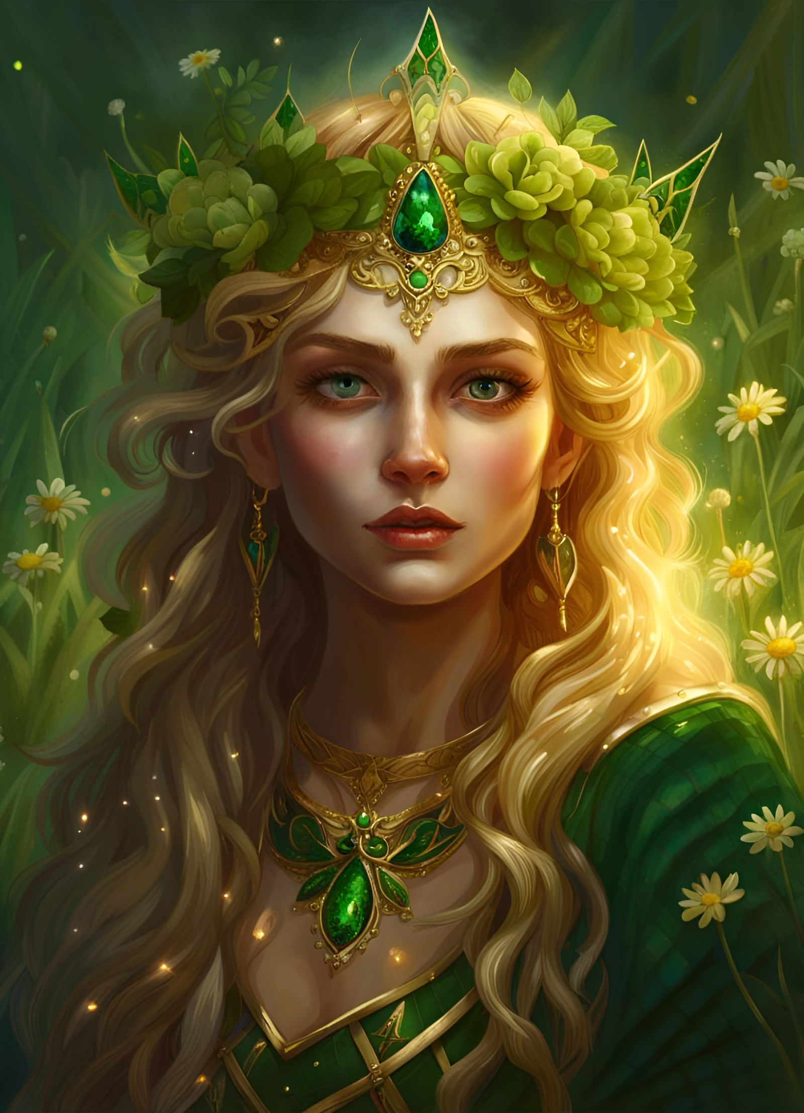 Emerald-Eyed Elf Queen in Floral Meadow