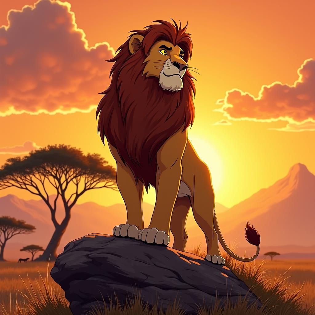 Regal Lion in Golden Sunset, Disney Illustration