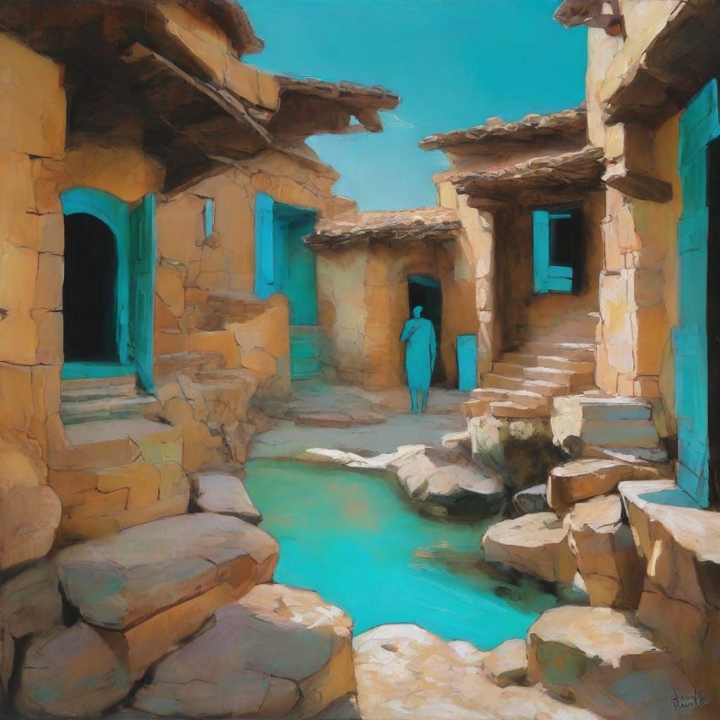 Turquoise City in Cave with Floating Elements