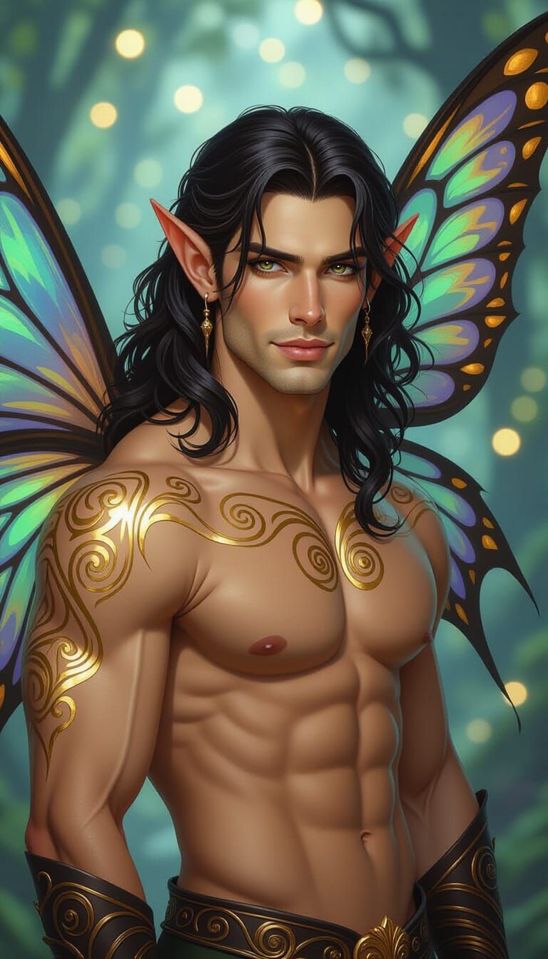 Muscular Elf with Butterfly Wings in Mystical Forest