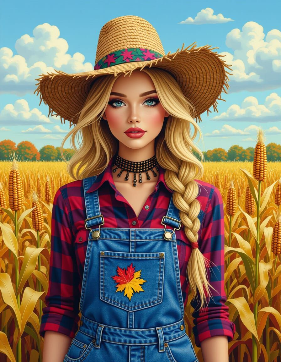 Sultry Spooky Feminine Scarecrow in Fall Cornfield
