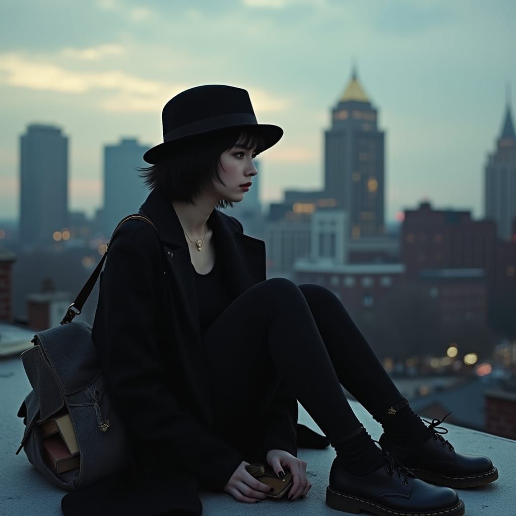 Mysterious Young Woman Contemplates Boston Skyline in Golden...