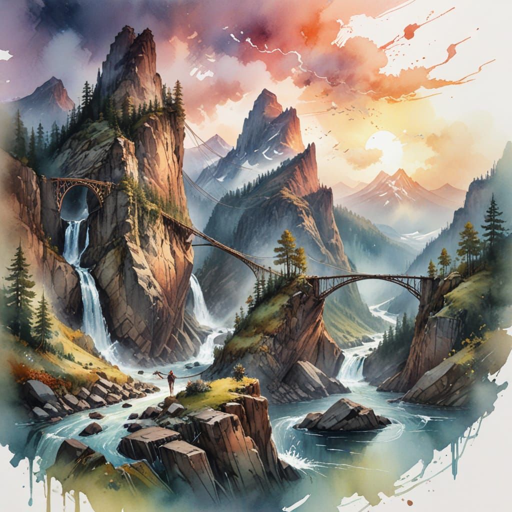 Surreal Mountain Landscape at Sunset with Majestic Peaks and...