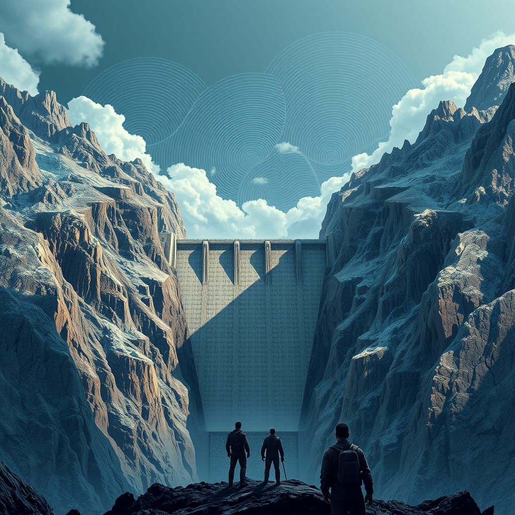 Photorealistic Dam Between Mountains with Determined Figures