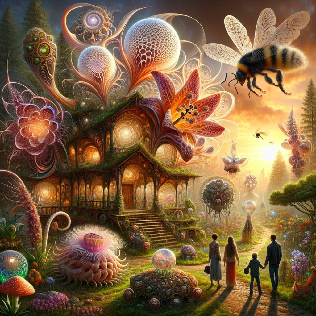 Intricate Mandelbrot Orchid with Eco-Conscious Family