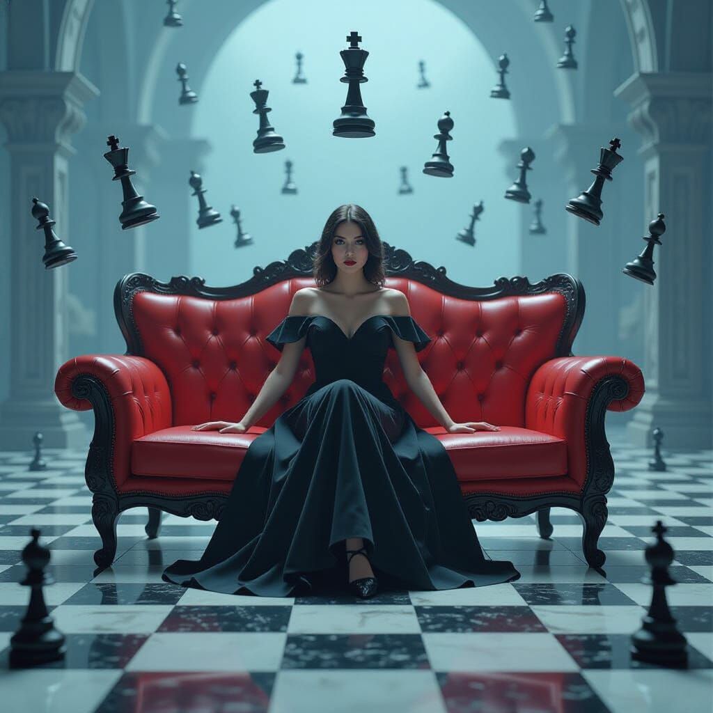 Surreal Chess Dreamscape with Gothic Sofa, Digital Art