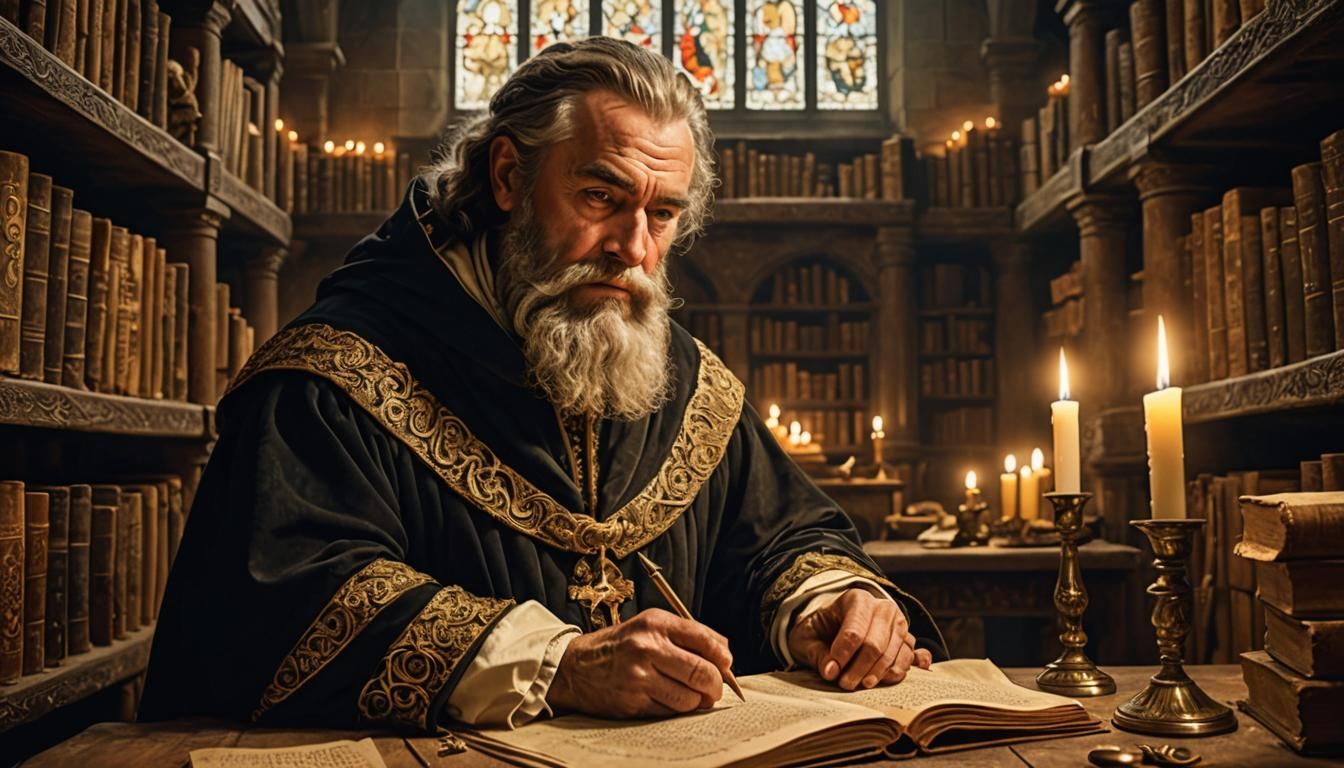 Illuminated Scribe in Opulent Medieval Chamber