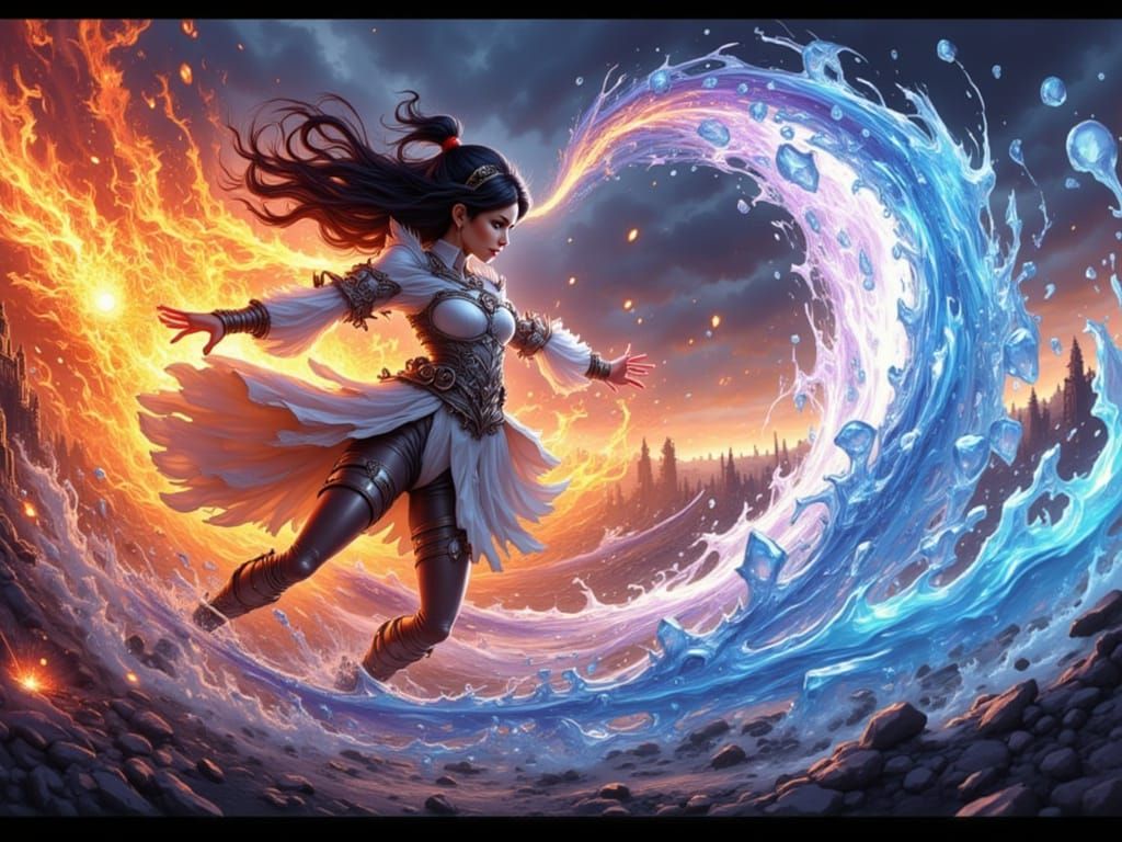 Sorceress Unleashes Fire and Ice Vortex in Anime Battle