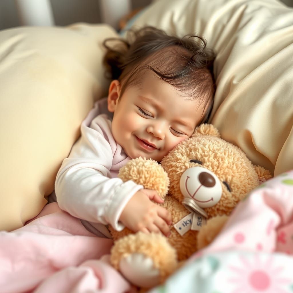 Baby Girl Hugging Teddy Bear in Colorful Bed