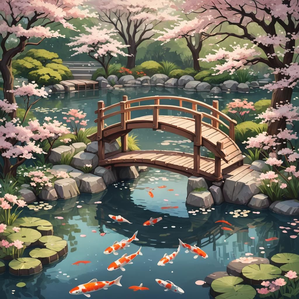Pixel art illustration, a tranquil, zen-like Japanese garden...