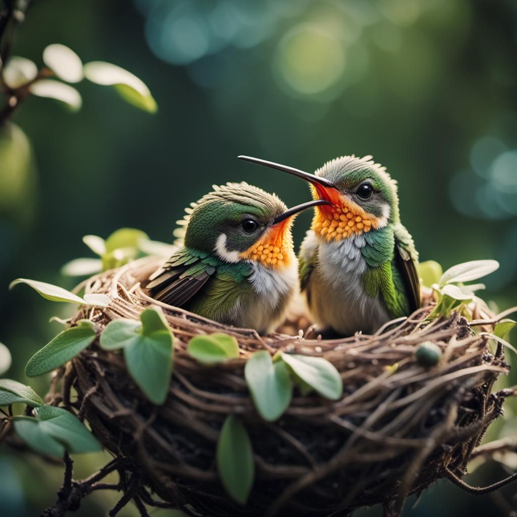 Adorable Hummingbird Chicks in Nest, Photorealistic Film Sti...