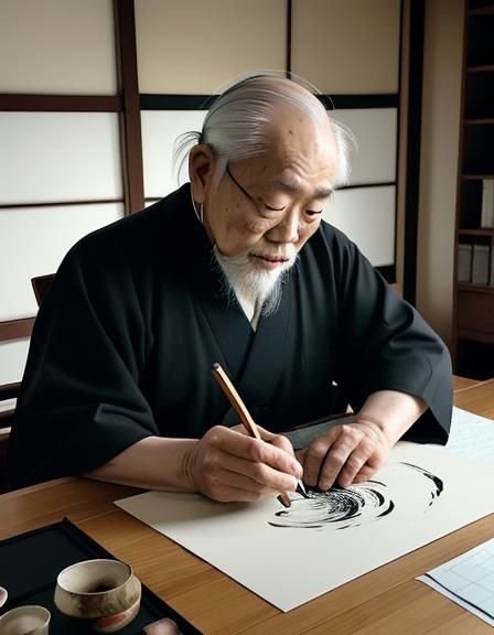 Japanese Calligrapher Paints Diligence in Sunlit Studio