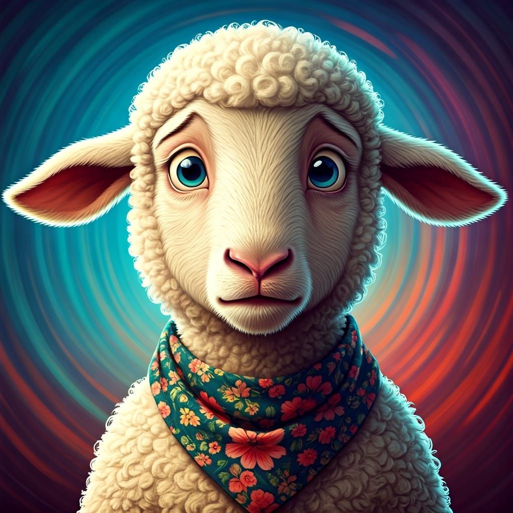 Worried Lamb with Scarf in Whimsical 3D Cartoon Style
