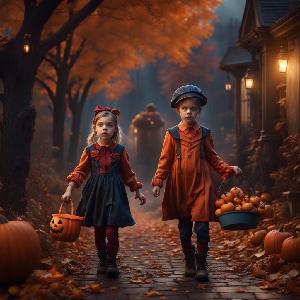 Hyper-Realistic Children Trick-or-Treating in Detailed Matte...