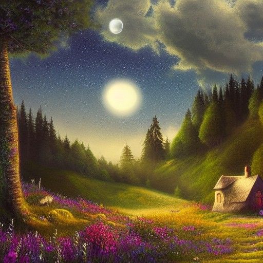 Starry Sky, Moon, and Cottage Landscape