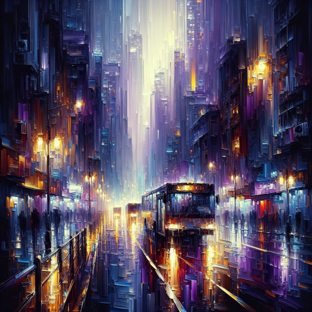 Rainy Cityscape at Night in Impasto Style