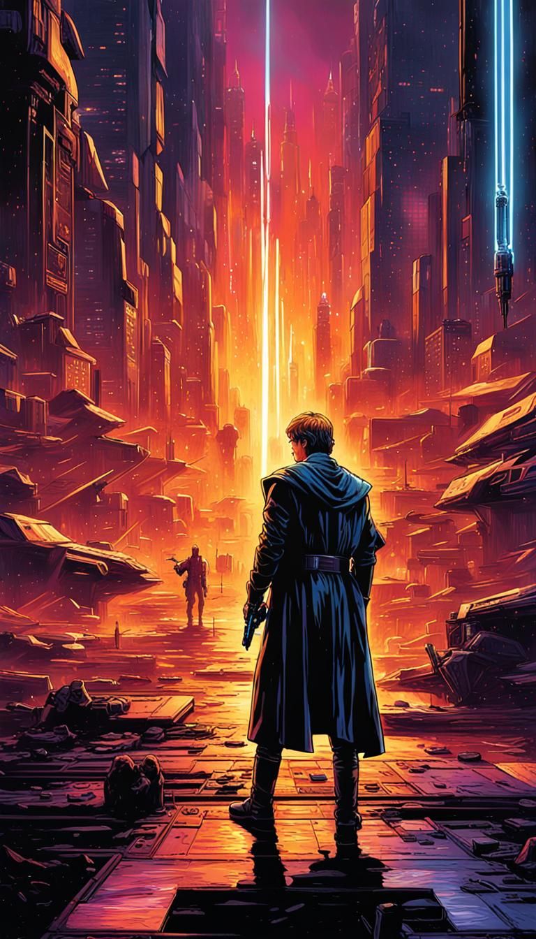 Cyberpunk Star Wars Cityscape with Lightsaber Battle