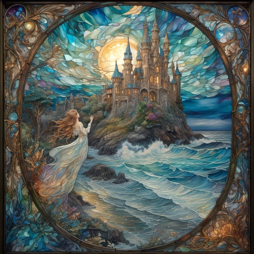 Stained Glass Haunted Beach Fantasy Art