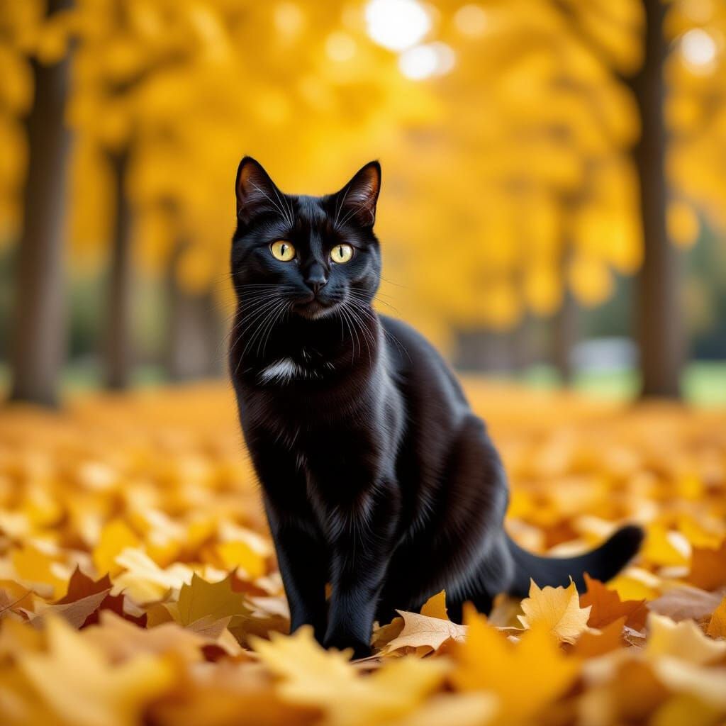 Black Cat in Autumn Leaves, High-Definition Photo