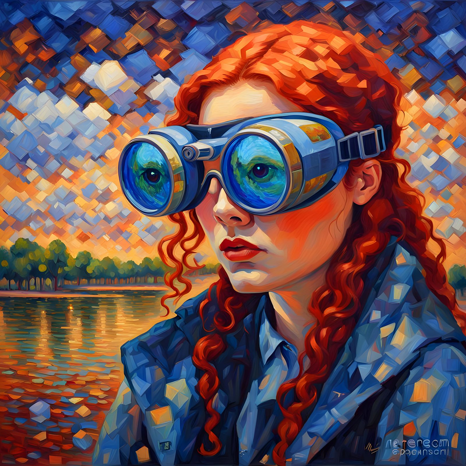 Red-Haired Woman with Thunder Goggles: Neo-Impressionism