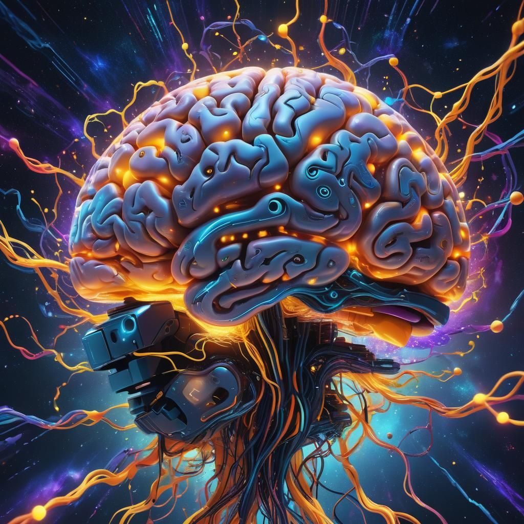 AI Brain in Digital Cosmos: Surreal Neon Art