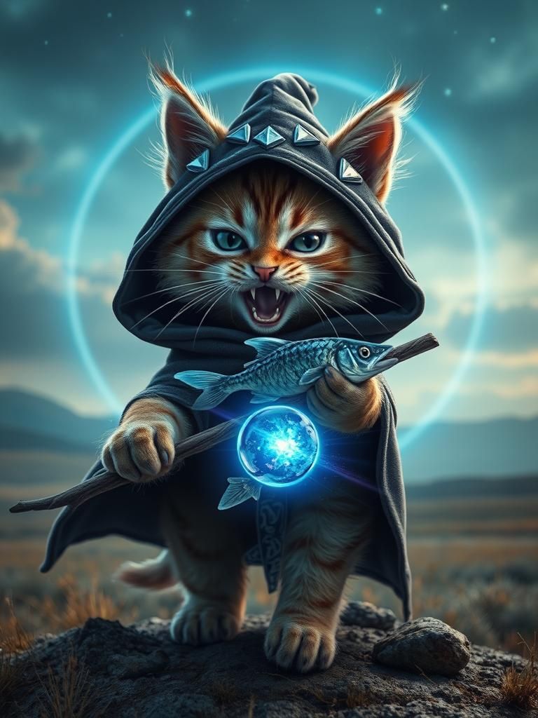 Kitten Wizard Conjures Magic in Anime Style
