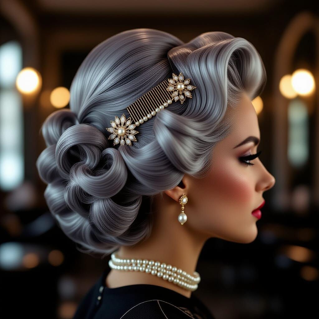 Elegant Woman's Voluminous Grey Hair Styled with Vintage Com...