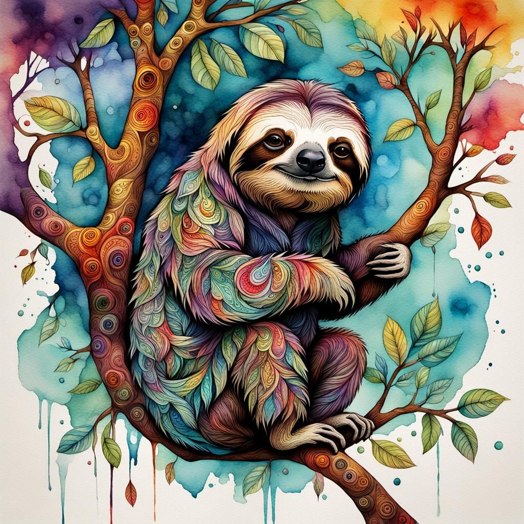 Sloth in Tree: Evocative Watercolor and Ink Art