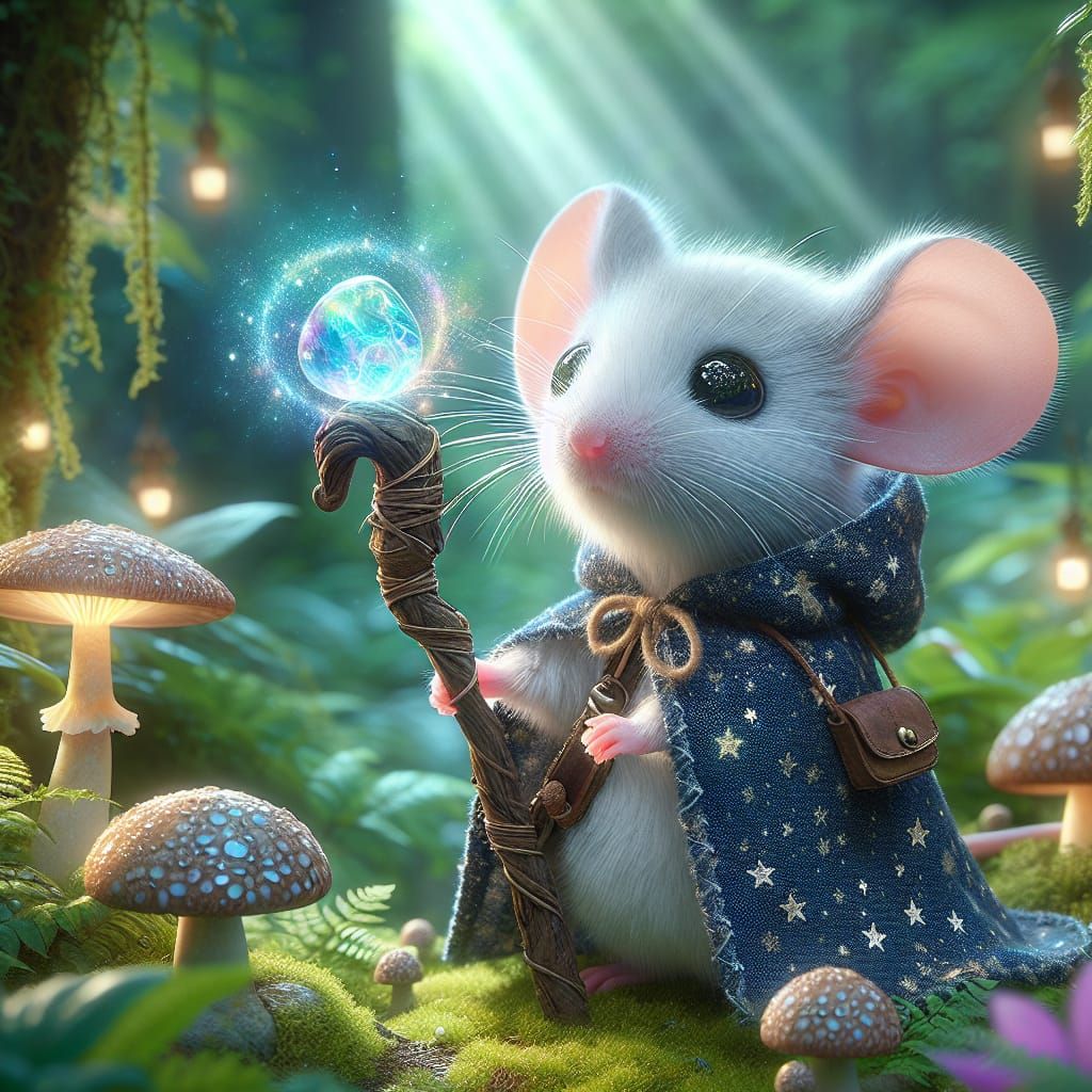 Mouse Wizard Conjures Rainbow Dragon in Enchanted Forest