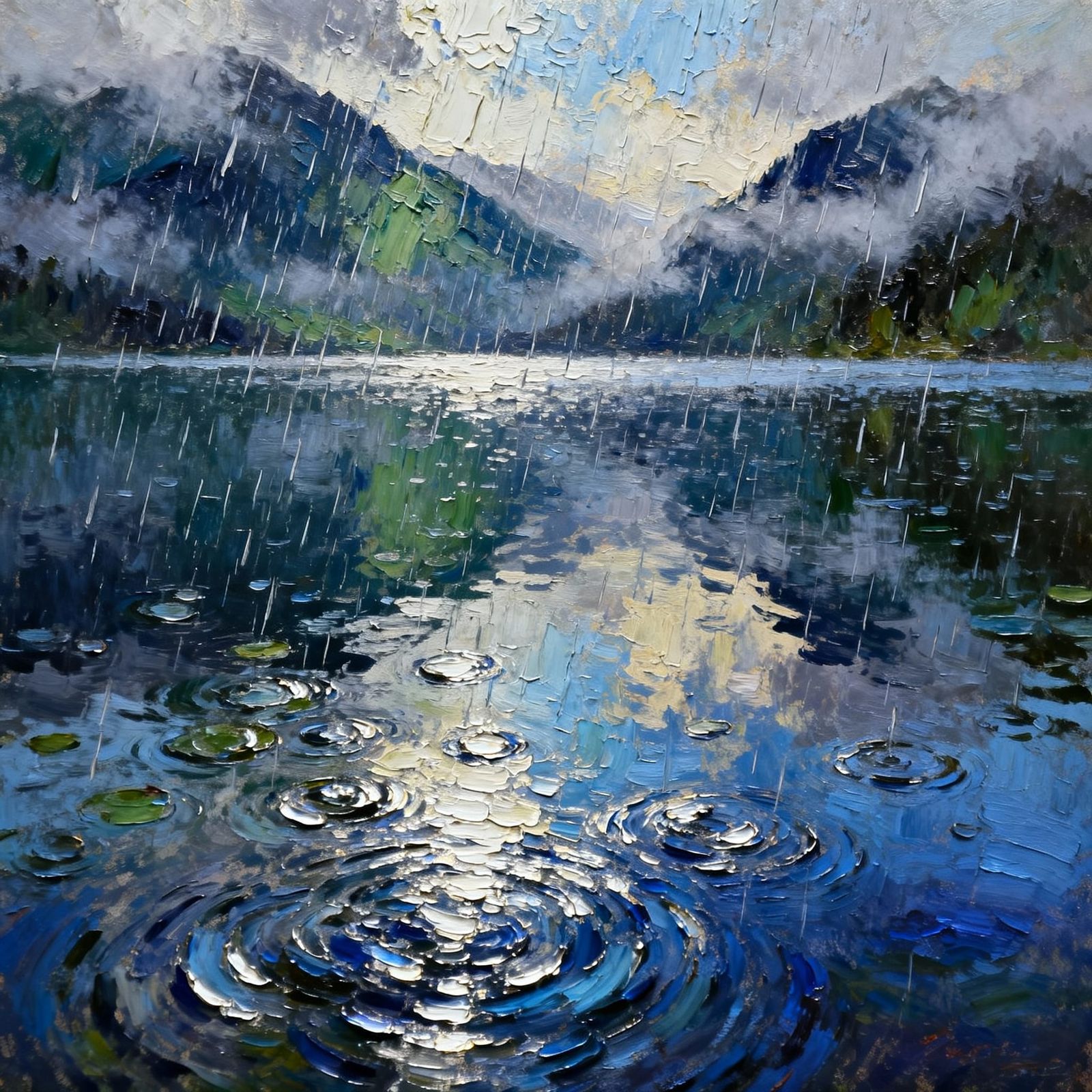 Impasto Oil Painting of a Tranquil Lake in Soft Rain