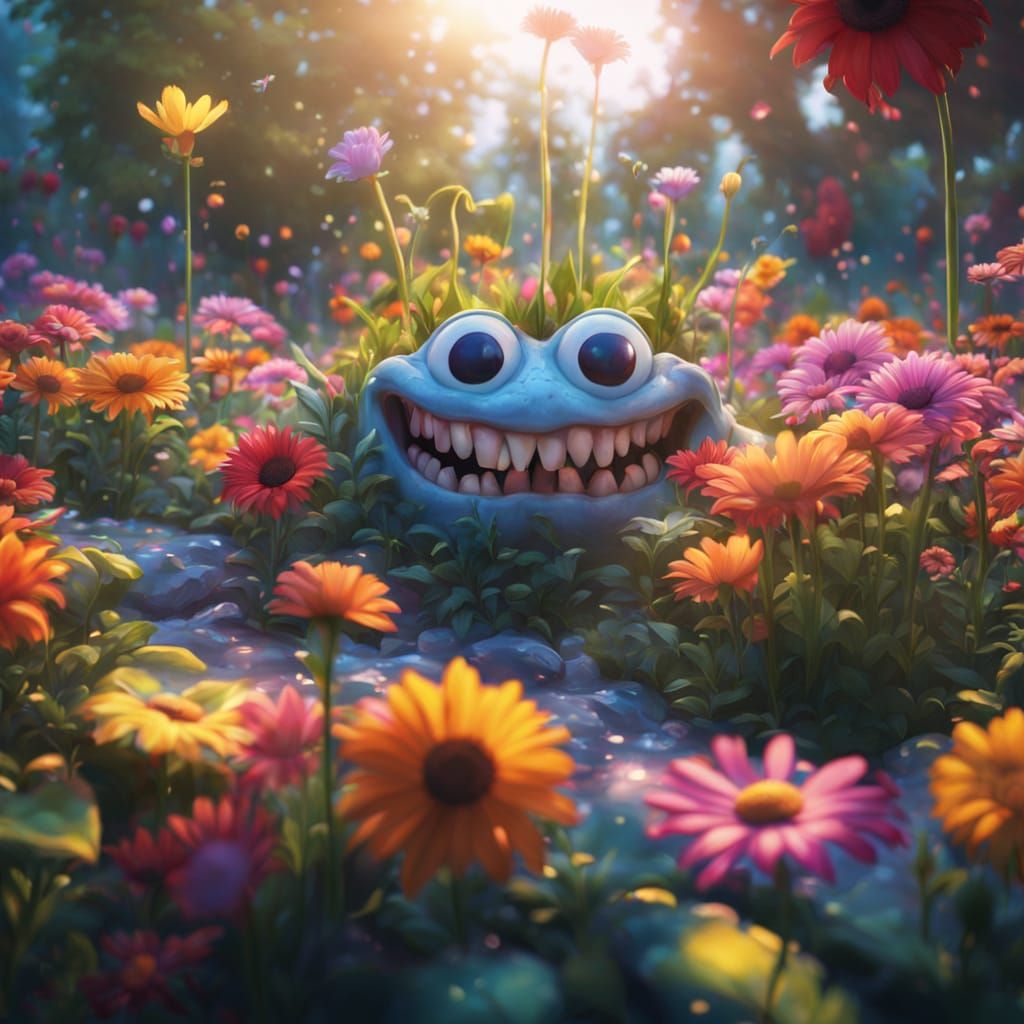 Hyperrealistic Garden of Flowers with Teeth and Eyes