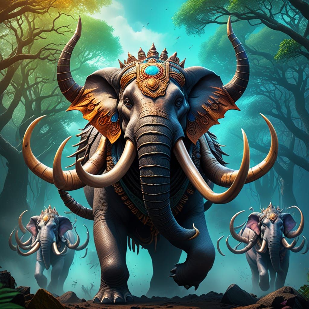 Airavata: Divine Elephant with Seven Trunks, Digital Art