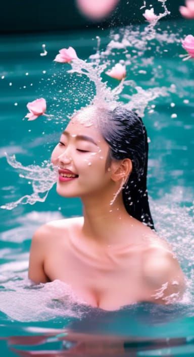 Joyful Korean Woman Portrait in Water