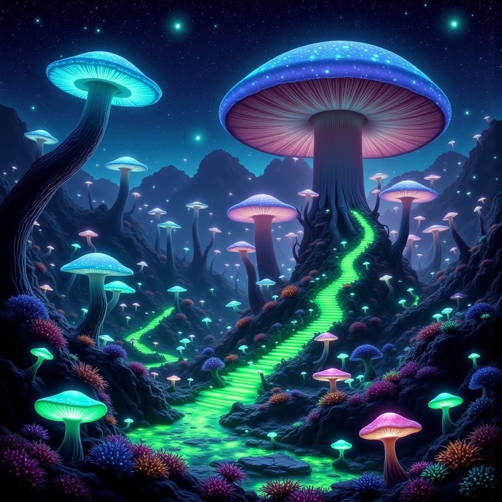 Luminous Mushroom Elven City in Ethereal Glow