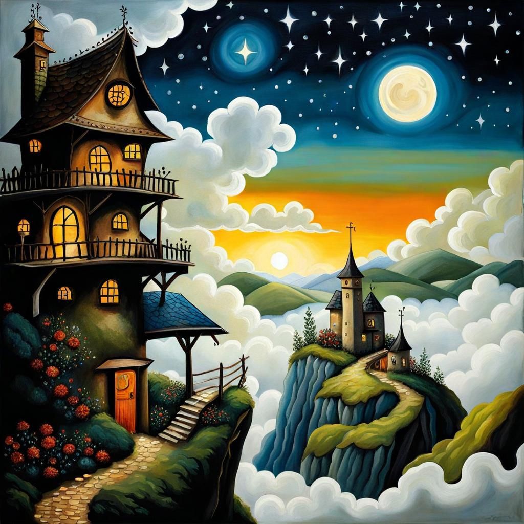 Whimsical Village Landscape in Dreamlike Style