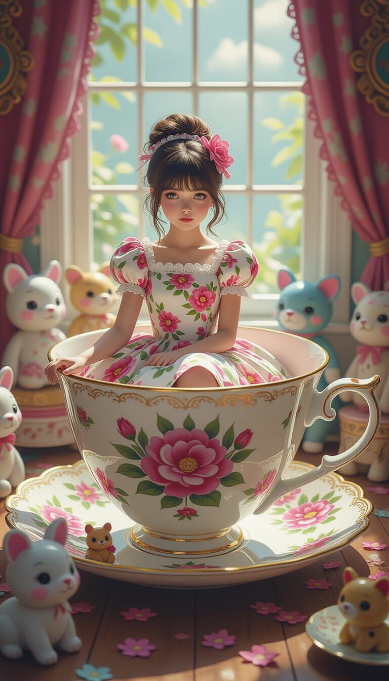 Girl at Whimsical Tea Party in Giant Teacup