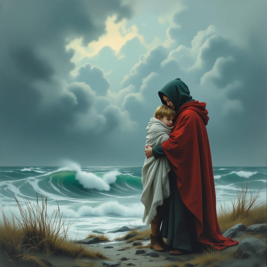 Boy Sheltered from Storm in Surreal Landscape